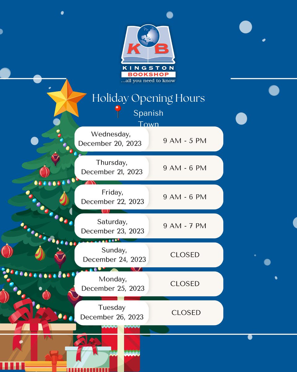 kgnbookshop's tweet image. As we approach the festive season, kindly take note of our holiday opening and closing hours for all our locations! 🎅🎄

#HolidayHours #SeasonOfReading #KingstonBookshopTime
