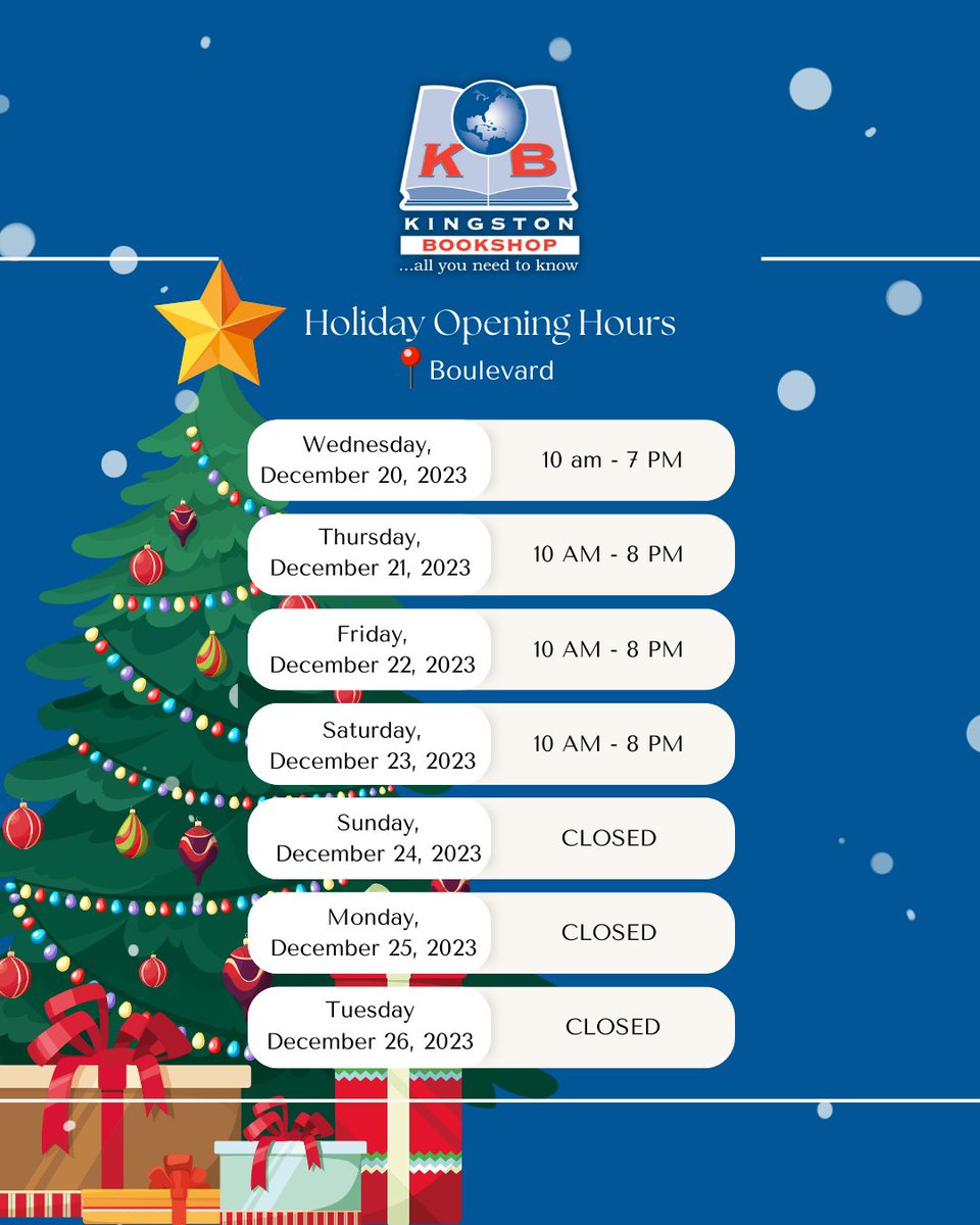 kgnbookshop's tweet image. As we approach the festive season, kindly take note of our holiday opening and closing hours for all our locations! 🎅🎄

#HolidayHours #SeasonOfReading #KingstonBookshopTime
