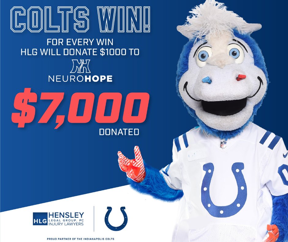 HensleyLegal's tweet photo. Good luck to the Colts in tomorrow’s game. Fingers crossed for a season filled with continued Colts triumphs! Let’s turn $7,000 into $8,000 donated!
#Hensley #HensleyLegalGroup #HLG #Colts #Indianapolis #Indiana #NeuroHope #donation #rehab #football #NFL https://t.co/Ly4GvmTmAL