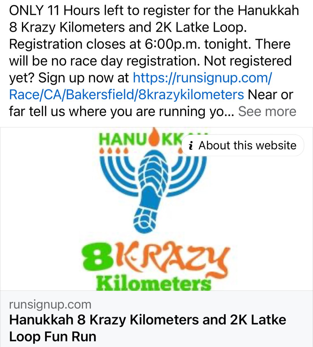 ONLY 11 Hours left to register for the Hanukkah 8 Krazy Kilometers and 2K Latke Loop. Registration closes at 6:00p.m. tonight. Sign up now at runsignup.com/Race/CA/Bakers…  #2K #5k #8k #virtualrace #virtualrun #hanukkah #chanukah #Christmas #holidayrun
