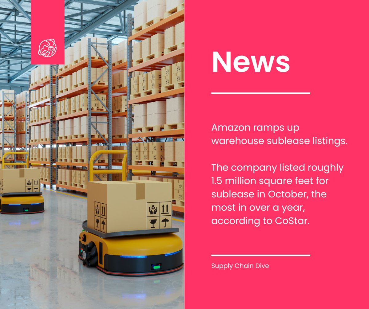 "Amazon ramps up warehouse sublease listings.

The company listed roughly 1.5 million square feet for sublease in October, the most in over a year, according to CoStar."

🔗 Read more: bit.ly/47ACWOR

#logisticsmanagement #supplychainmanagement #freightchina #logistics