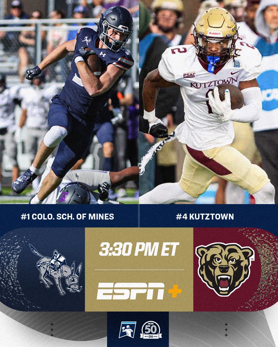 NCAADII's tweet photo. 🔙✌️🔙 #D2FB showdowns 🔥
 
⏰ 3:30 PM ET
1️⃣ @MinesFootball 🆚 4️⃣ @KUBearsFootball 
📺 ESPN+
📊 https://t.co/UtkoTyBo2c
🔗 https://t.co/1lwzuSitIw https://t.co/K8TUUdsaLY