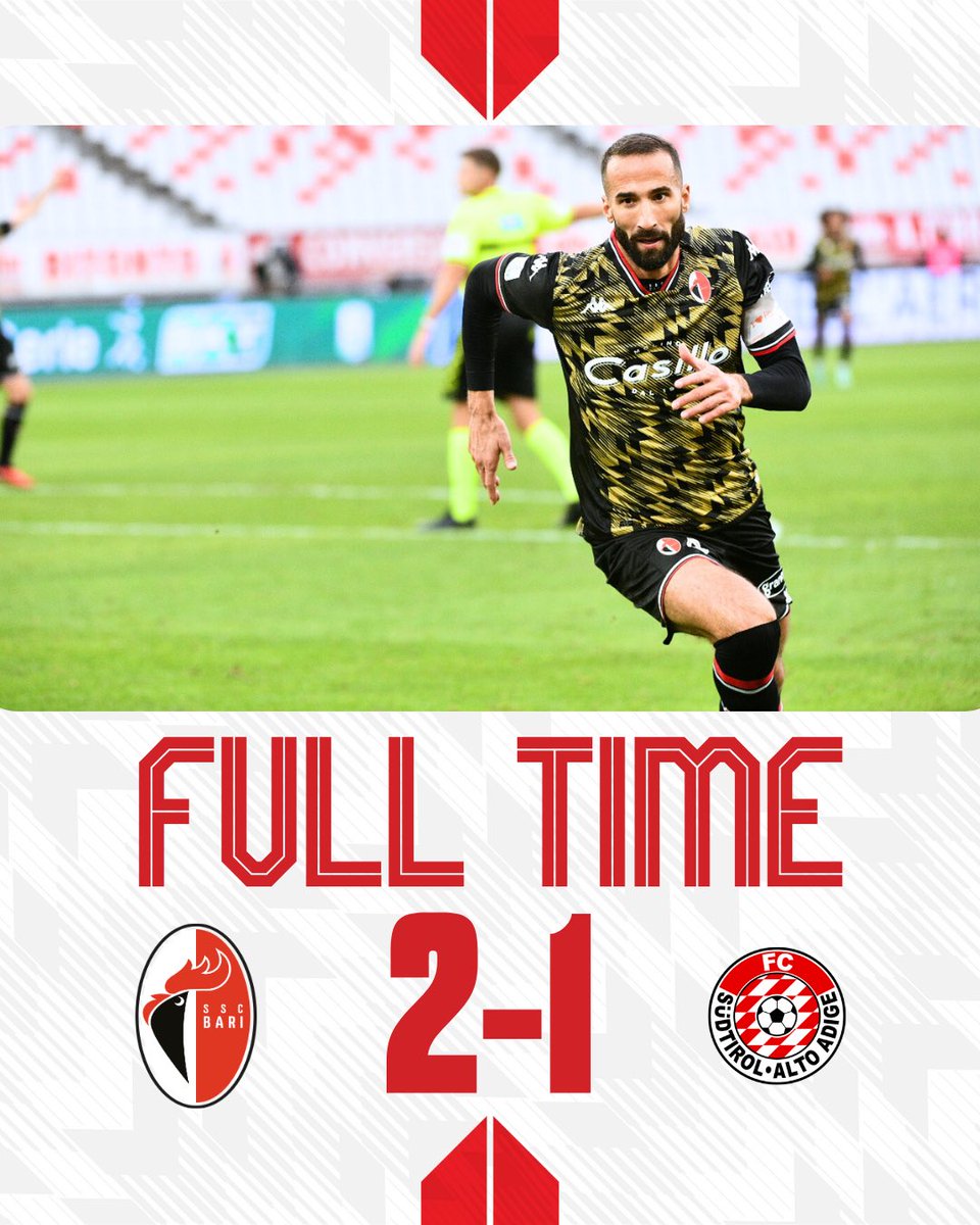sscalciobari's tweet photo. #BARSUD FT 2-1 
[23’ pt Sibilli (R), 36’ pt Vinetot, 26’ st Di Cesare] #sscbari #serieBKT #serieB https://t.co/LOFnCWSw6r