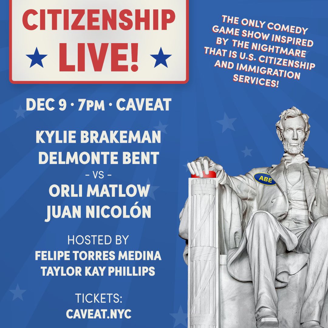 I’ve you’ve wondered “what is the opposite of SantaCon?” The answer is live comedy game show. Come to Citizenship Live @caveatnyc tonight! Use the code LINCOLN for a discount! @deadeyebrakeman @DelBent @HireMeImFunny Juan Nicolón @TayKayPhillips caveat.nyc/events/citizen…