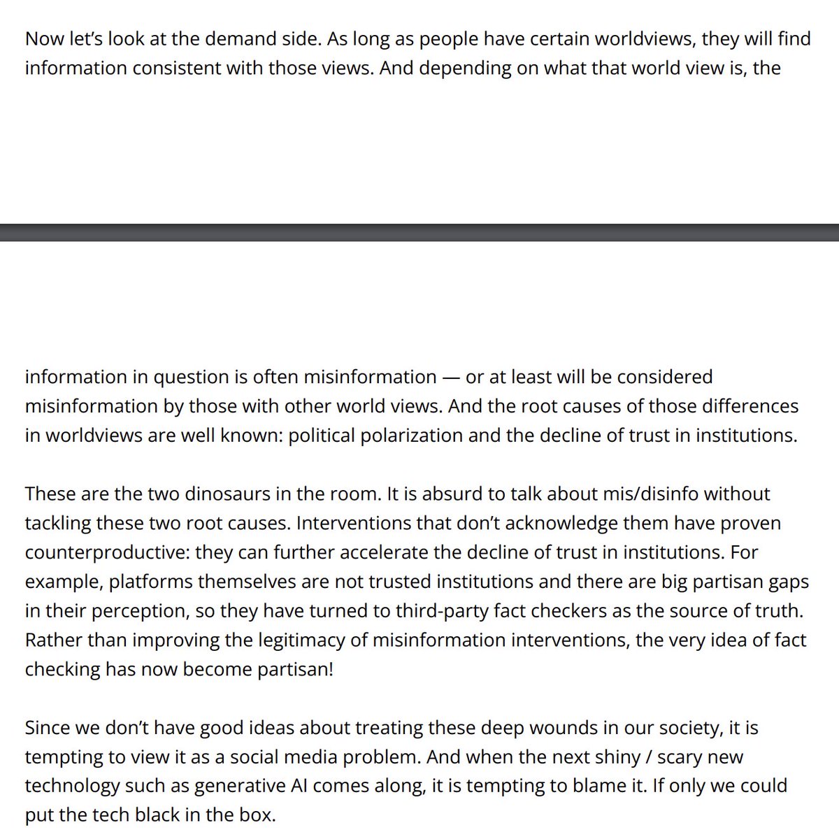 💯
In a recent short talk (starts at 41:25) I argued that the panic about generative AI and misinfo arises from experts' denial about the fact that people know what they're doing and that our epistemic institutions have failed.
piirs.princeton.edu/events/2023/fr…
cs.princeton.edu/~arvindn/talks…