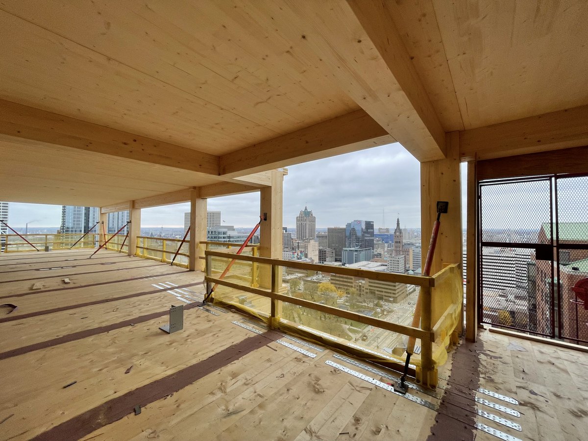 Day 8/30, #masstimber construction quirks.

When building #AscentMKE, there were MANY lessons learned. Here are the 3 most fun/unusual ones:

The building superstructure (glulam columns &amp; beams, CLT) uses large (VERY large) screws. Some of the screws were 30" long!!! They were
