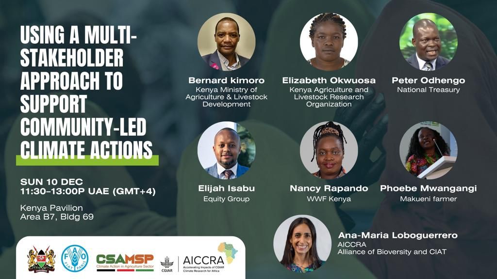 KenyaCsaMsp's tweet photo. Are you attending COP28 UAE?
Here is an opportunity to join us tomorrow as we share on the wins of using #MultiStakeholderPlatform approach to support community-led climate action.
@CGIARAfrica @kalromkulima @WWF @WWF_Kenya @kilimoKE @FutureForAll @KeEquityBank https://t.co/t5arQN3rtW