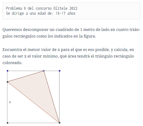 DimatesUA's tweet photo. Ya está disponible la solución de #LosProblemasDeDimates #323:
➡️ Problema 9 #Olitele 2022
📷 Dividiendo un cuadrado
https://t.co/2k9PfLPozC
@RobSelGom
@OMErsme
@rmtnezcalafat
@EstalmatCV
@RealSocMatEsp
@Dimatematicas https://t.co/olJ5gvOYgX