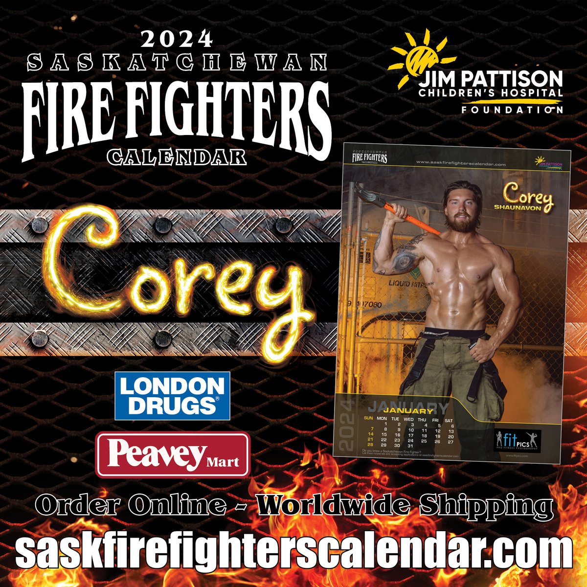 skfirecalendar's tweet photo. Here's a look at Fire Fighter Corey (Mr. January) in the 2024 Saskatchewan Fire Fighters Calendar. Get your calendar today at London Drugs, Peavey Mart, or on our website.⁠ #sk #sask #yqr #yxe #saskatoon #regina #firefightercalendar #firefighters #madeinsask #calendar #giftidea https://t.co/UyyyQ1DIau