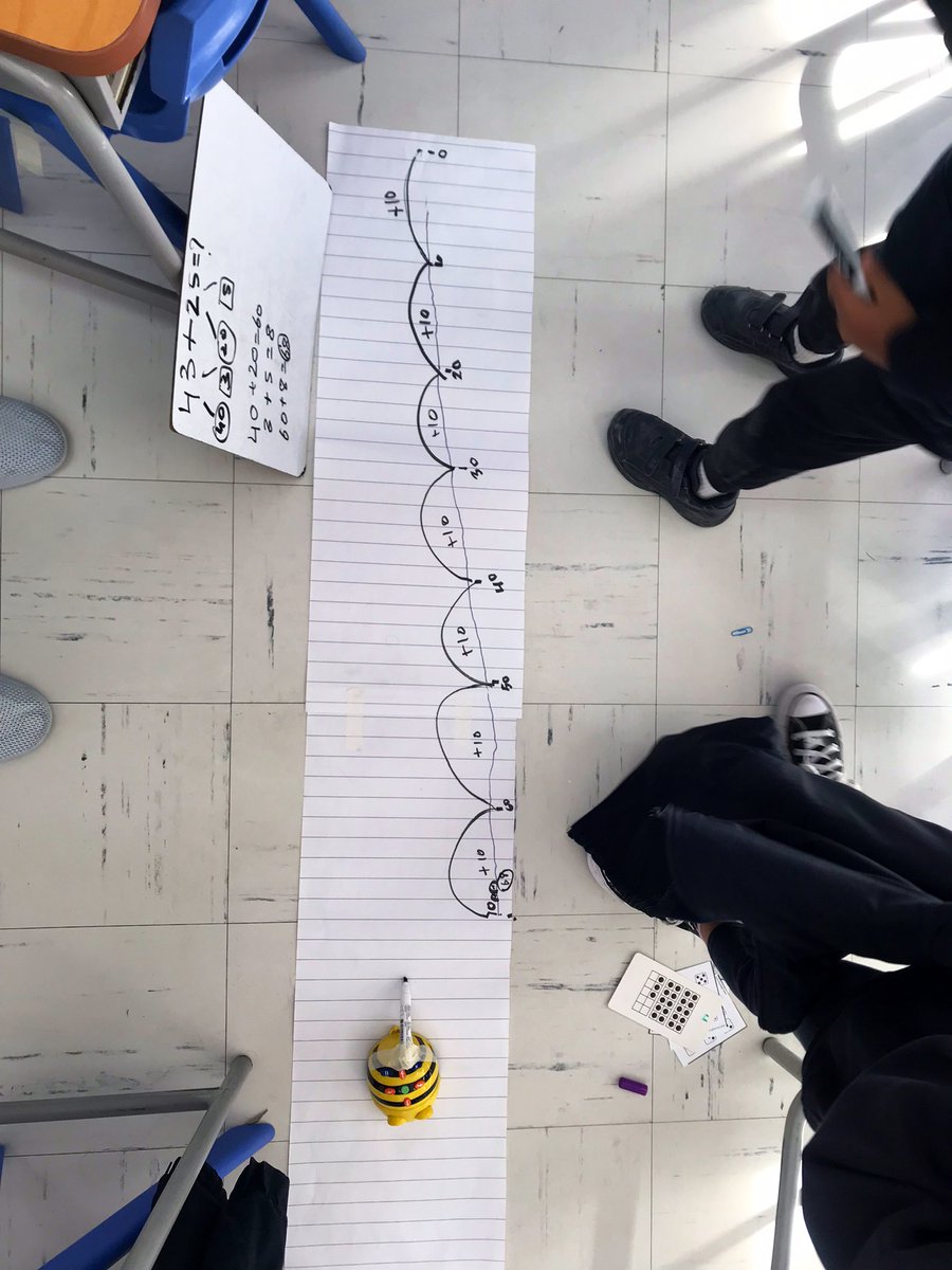 Impactful #beebot/math integration! 

Challenge #1: Ss stumped partners by creating coded algorithms to represent 2-digit #’s

Challenge #2: Ss attached markers to #beebot &amp; coded jumps of 10 to create # lines to represent big equations

Goal: engage Ss &amp; get math off of the page