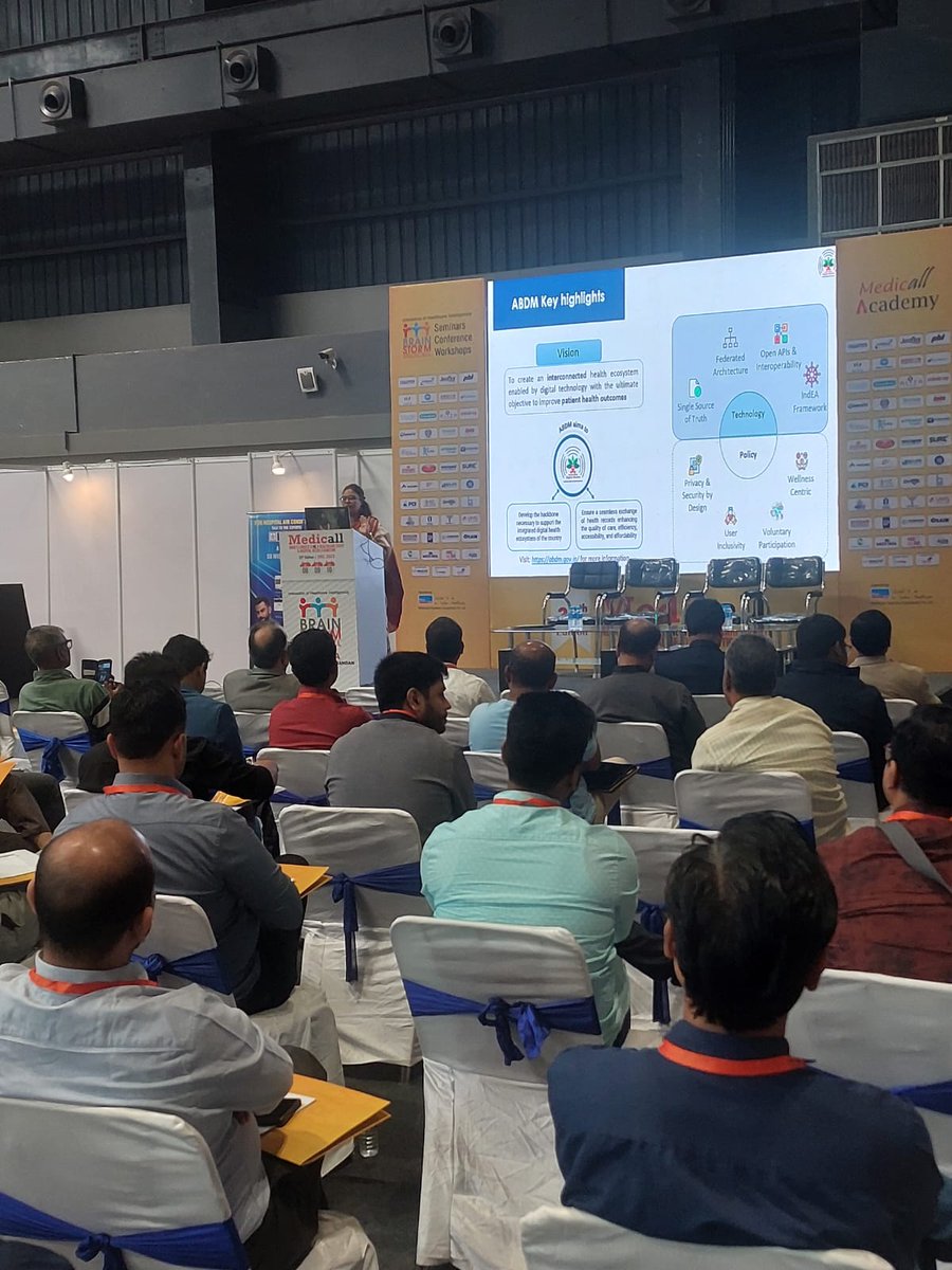 AyushmanNHA's tweet photo. NHA representative presented about #ABDM as a speaker at the 35th edition of Medicall conference in Kolkata on "Survival strategies for small and medium hospitals" and how #ABDM can address some of their major challenges.

#AyushmanBharat #digitalhealth @medicallexpo https://t.co/ANRkncAYBB