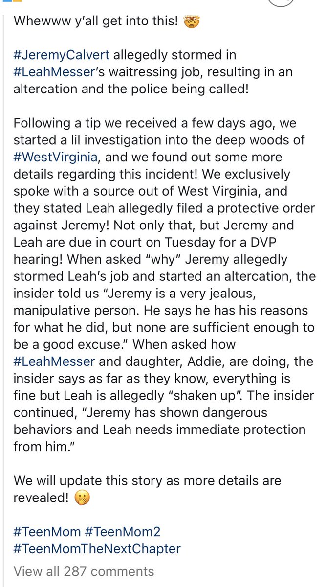 HIGHBROW_HIPPIE's tweet photo. WTF? 👀 #LeahMesser was at work when #JeremyCalvert came in hot making a scene. She actually filed a PO on him n they go to court on Dec 12, where it will be dropped or enforced. #NotOnMyBingoCard #WTF #TeenMom https://t.co/SzShkuLAjJ