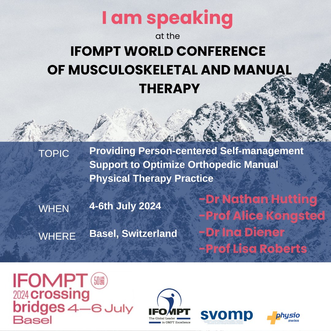 𝐋𝐄𝐓’𝐒 𝐌𝐄𝐄𝐓 𝐈𝐍 𝐁𝐀𝐒𝐄𝐋🇨🇭𝐈𝐍 𝟐𝟎𝟐𝟒!
Don’t miss our session on providing person-centered self-management support to optimize orthopedic manual physical therapy practice at the <a href="/IFOMPT/">IFOMPT</a> #IFOMPT2024 #IFOMPTBasel2024 Conference in Basel, Switzerland on 04-06 July 2024.