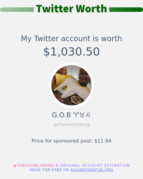 My Twitter worth is: $1,030.50  ➡️ https://t.co/9Zej4NIU6a https://t.co/C9SWGygGki<a href="/tag/girldadquestions"class="tags"><span>#girldadquestions</span></a>