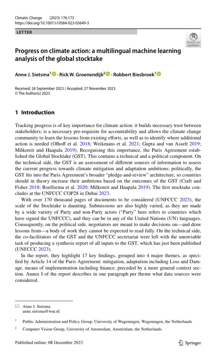 Great to see our paper at @ClimaticChange_ . We use BERTopic to analyse over a quarter million paragraphs submitted to the Global Stocktake and find that locally important topics are hardly included in the technical Synthesis Report of the GST. #COP28 link.springer.com/content/pdf/10…