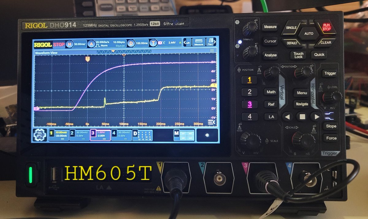 glenbeer's tweet photo. #Hanmatek HM605T rise & fall time showing on #Rigol #DHO900 #Oscilloscope under 2A load using #Hantek current probe & #EastTester #ET5410A+ DC Electronic Load.
Current has a consistent surge 75ms following the voltage rise. Load is on when pushing the output button. https://t.co/DRLh9ydKjA