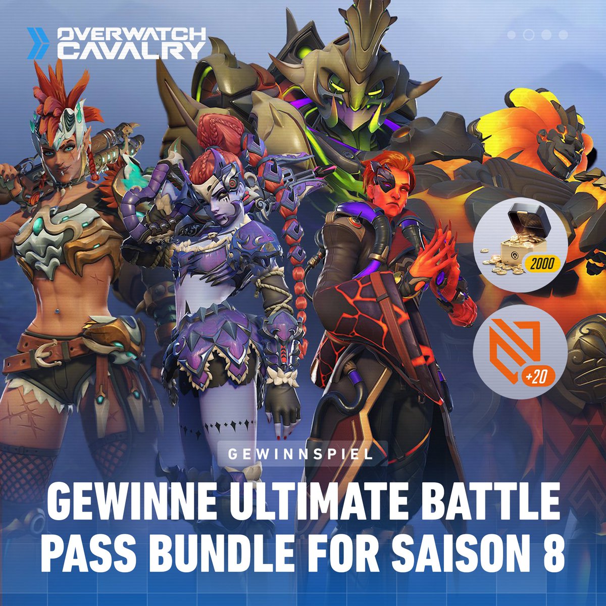 🏹 Ultimatives Bundle Gewinnspiel 🏹 Holt euch den #Overwatch2 Season 8 Battle Pass, Tier Skips, 2000 Münzen und zeitlich begrenzte Skins! 👤 Folge @OWCavalryDE 🔁RT & Like diesen Beitrag 💬 Antworte mit deinem Lieblingsskin 🌋 Endet am 13. Dezember