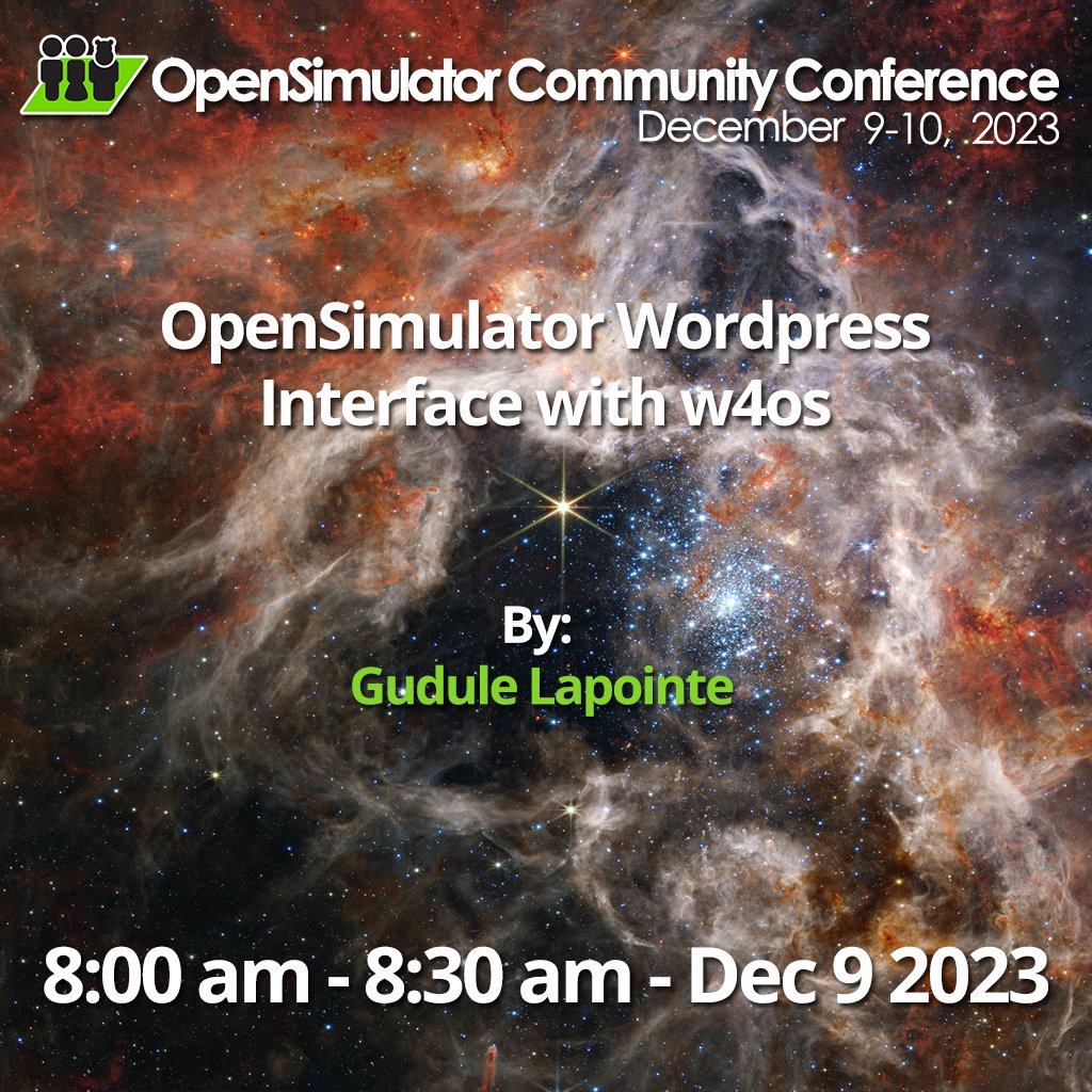 opensimcc's tweet photo. In 10 minutes @ #OSCC23 OpenSimulator WordPress Interface with w4os
W4OS is a WordPress plugin for OpenSimulator grid management. @SpeculoosWorld
https://t.co/TsM70sHRGA
Hypergrid Adress: https://t.co/iCSSPvZK3v
Or watch live: https://t.co/7PMFYlU5MU
#Metaverse #opensource https://t.co/LGjb5nL1vV