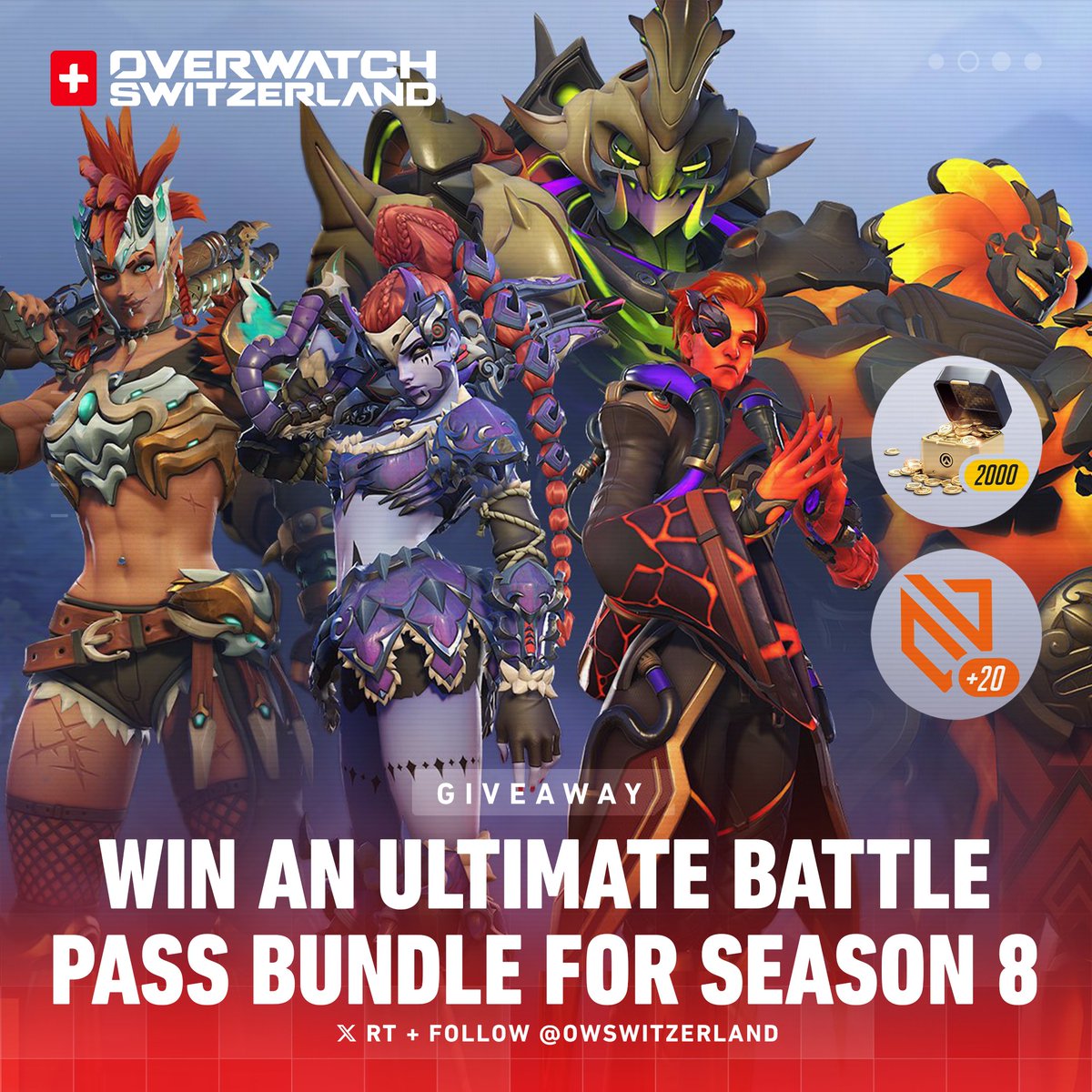 🏹 Ultimate Bundle Giveaway 🏹 Get the #Overwatch2 Season 8 Battle Pass, Tier Skips, 2000 Coins and limited-time skins! 👤 Follow @OWSwitzerland 🔁 RT + Like this post 🌋 Ends December 13