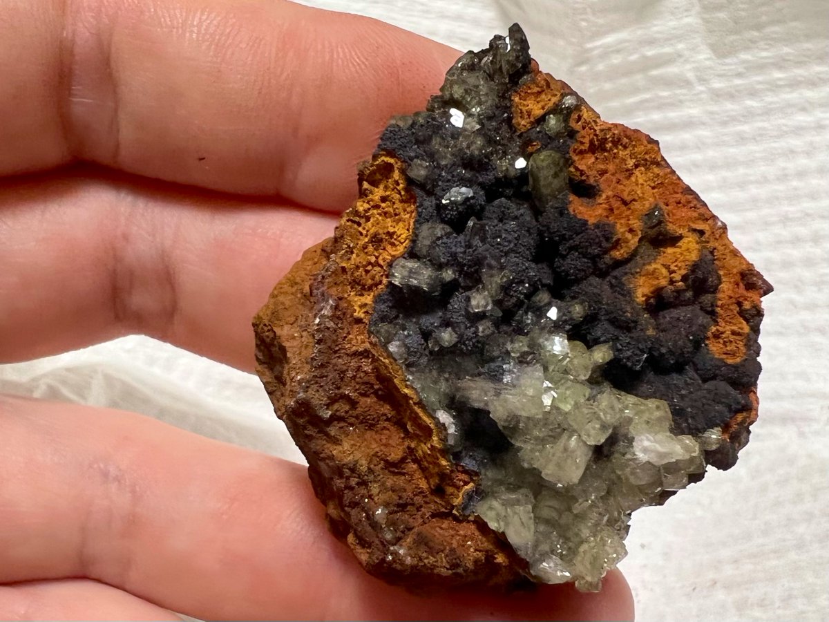 Gipno124's tweet image. 褐鉄鉱の赤と黒のコントラストが良いですねぇ…マグマの様な母岩から湧き出すアダム鉱…良いですねぇ…アダム鉱は蛍光鉱物なのでUVライトで照らす楽しみもあります…最高か #東京ミネラルショー  #池袋 #Adamite  @Supernova223