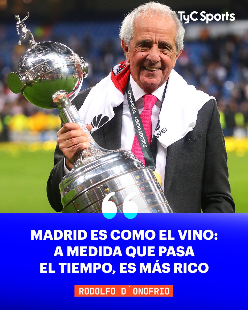 TyCSports's tweet photo. 🗣️🏆 A cinco años de la final de la Copa Libertadores en el Santiago Bernabéu entre River y Boca, Rodolfo D´Onofrio expresó: "Pasa el tiempo y más me doy cuenta de lo fuerte que fue lo que hicimos. Madrid es como el vino: a medida que va pasando el tiempo, es mucho más rico".

🎙️ Diario Olé
