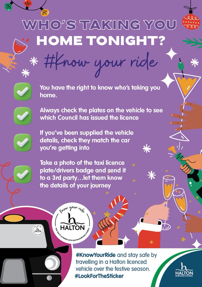 HaltonBC's tweet photo. You have the right to know who’s taking you home.

Always check the plates of a taxi/private hire vehicle to see which Council has issued the licence.

#KnowYourRide #LookForTheSticker &amp; stay safe by traveling in a Halton licenced taxi/private hire vehicle this festive season. https://t.co/kGj40baRNm
