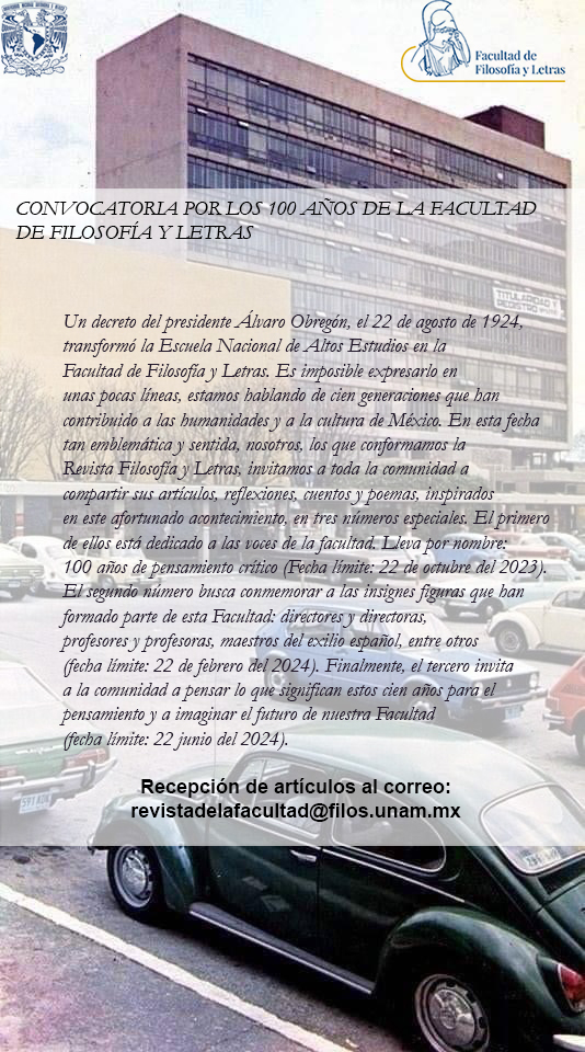 filos_unam's tweet photo. #CONVOCATORIA
La Revista de la Facultad de Filosofía y letras, te hace la más cordial invitación a participar en la siguiente convocatoria:
https://t.co/k5omLNsqh2
Información al correo: revistadelafacultad@filos.unam.mx https://t.co/yV5ajaClEs