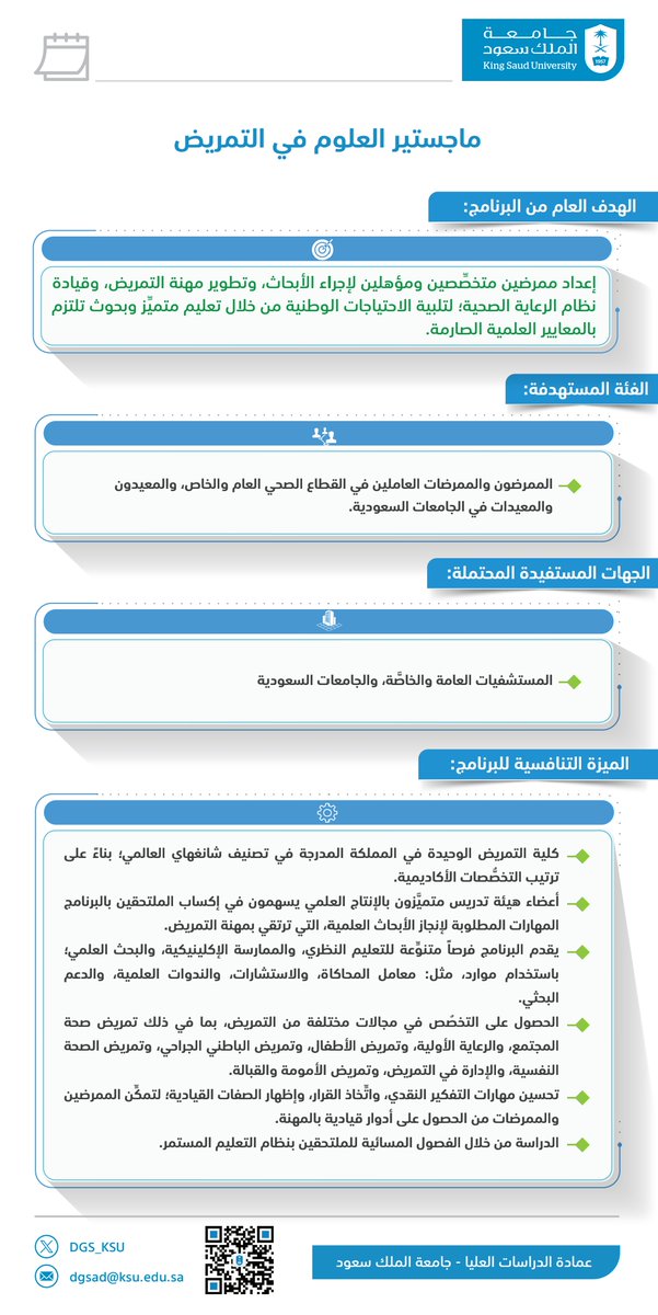 DGS_KSU's tweet photo. تطرح #عمادة_الدراسات_العليا بـ #جامعة_الملك_سعود برنامج (ماجستير العلوم في التمريض)
برنامج مشترك بين أقسام كلية التمريض بعدة مسارات متخصصة للطلاب والطالبات، لتنمية القدرات البشرية في مجال التمريض وإعداد كفاءات مؤهلة لإجراء الأبحاث والتطوير المهني وقيادة نظام الرعاية الصحية https://t.co/tFwjXBcsc5