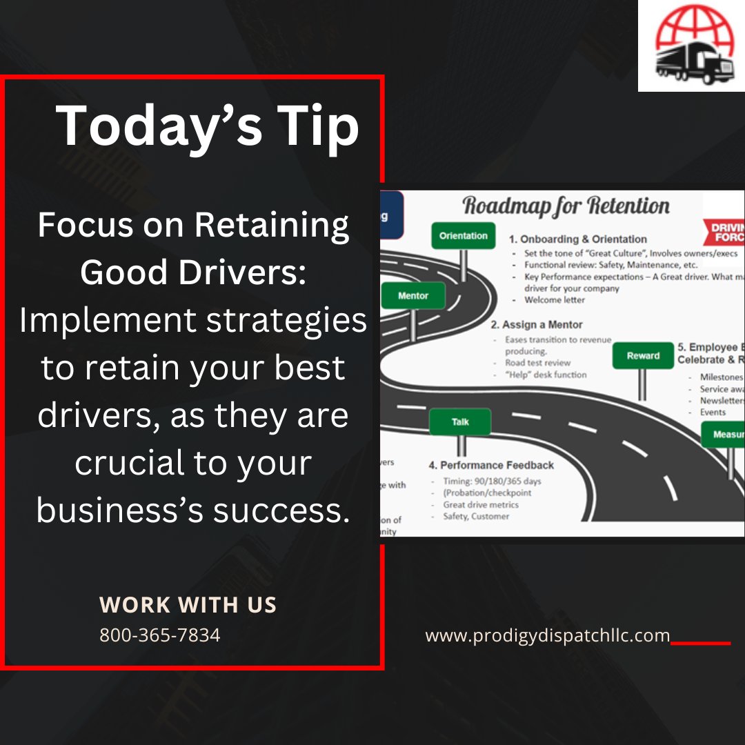 ProDispatch_'s tweet image. Today's tip: Focus on Retaining Good Drivers #prodigydispatch #trucking #Driver