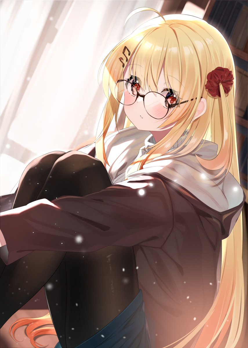 1girl solo blonde hair long hair glasses ahoge pantyhose  illustration images