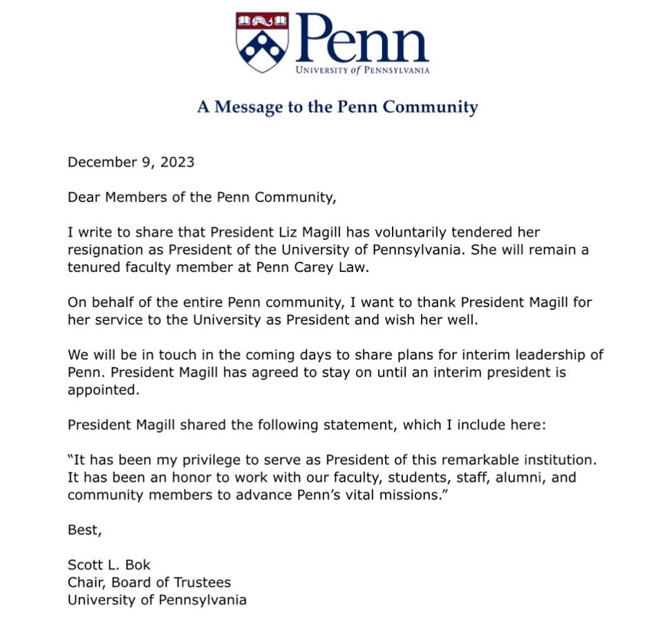 BREAKING 

Liz Magill, the embattled President of the University of Pennsylvania, is resigning.
