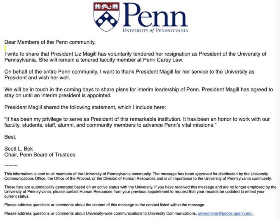 the donors have spoken: magill resigns as president of penn