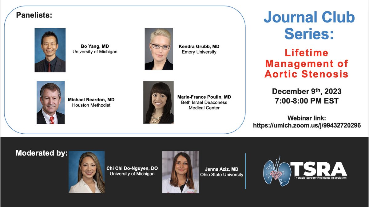 TONIGHT! Join TSRA in the first segment of our Journal Club Series: Lifetime Management of Aortic Stenosis! Saturday, December 9, 2023 at 7PM EST. @ChiChiDoNguyen @BoYangMD @KendraGrubb @MReardon19