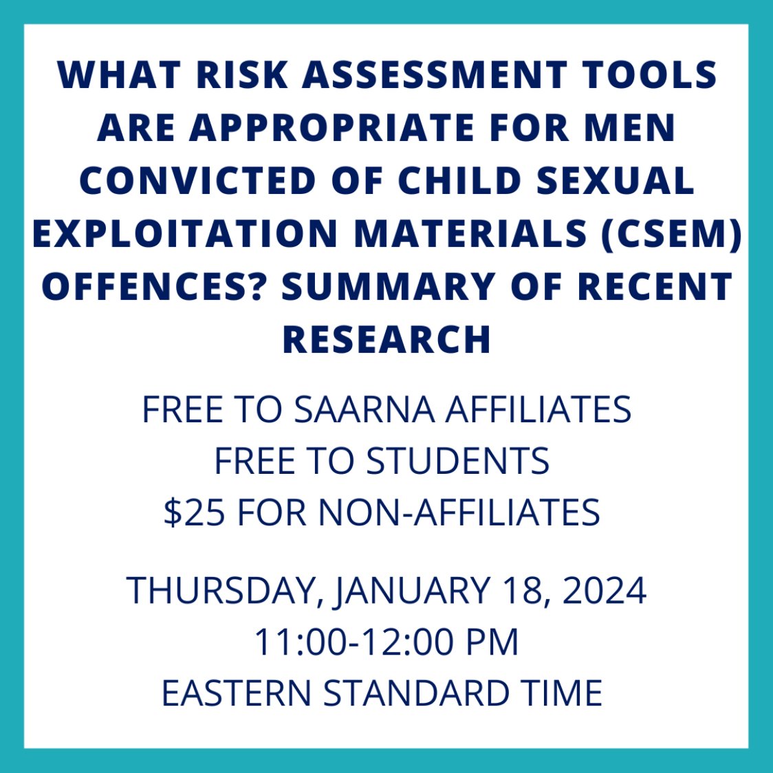 A new presentation is available early next year! This talk will review the latest research on risk assessment scales (specifically, the CPORT, Risk Matrix 2000, STABLE/ACUTE-2007, and Static-99R) with men convicted of CSEM offences.

Sign up here > saarna.org/product/what-r…