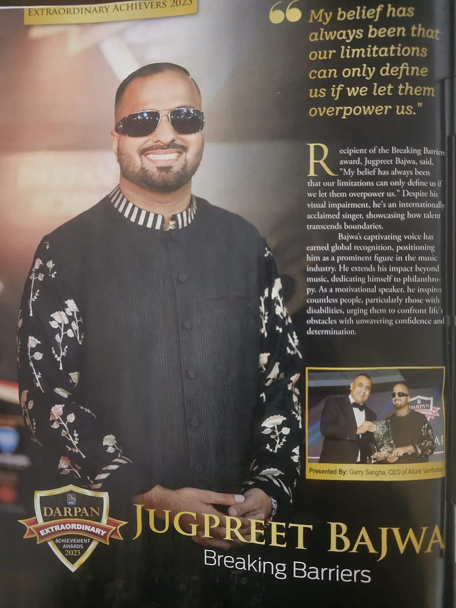JuggyJag's tweet photo. Limitations can only define us if we let them overpower us. An absolute honour to be featured on the cover of Darpan magazine as a recipient of the Breaking Bariers award. Love you all ❤️ #BreakingBarriers #Love #Community #musician https://t.co/wNmJMNwMog