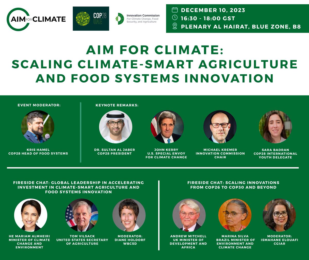 1/5 🚨NEW VENUE for #AIM4C #COP28 Event: AIM for Climate: 'Scaling Climate-Smart Agriculture and Food Systems Innovation' 🚨 📅 Dec 10 ⏲️ 7:30 - 9:00 ET / 16:30 - 18:00 GST 📍 Plenary Al Hairat, Blue Zone, B8 🤝 @COP28_UAE @DILatUChicago #AIM4C