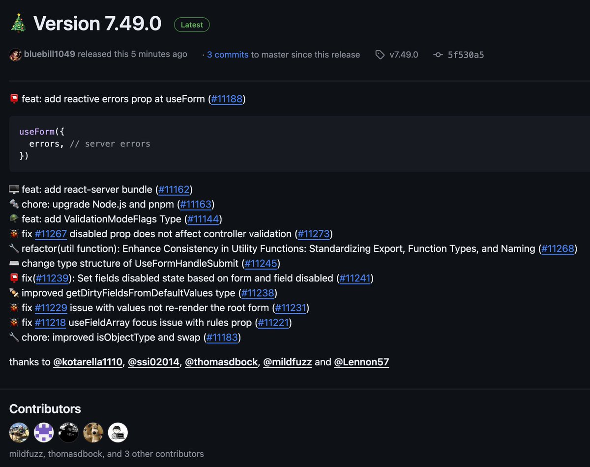 HookForm's tweet image. 🎄 Version 7.49.0 published
- 📮 add reactive errors prop at useForm (server errors)
- 🖥️ add react-server bundle (#11162)
- 🐞 Bug fixes and general lib improvements
Thanks for everyone's support over the year! Merry Xmas 🎅
github.com/react-hook-for…