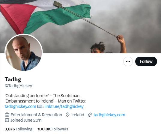 The grand tour of Vatnik Ireland part 8 🧵 I'm going to explore the 🇮🇪 comedian and actor Tadhg Hickey. Tadhg has come to prominence in the last few months, in particular after Hamas attacked Israel on Oct 7th. His posts have quickly progressed from rage farming to propaganda 1\