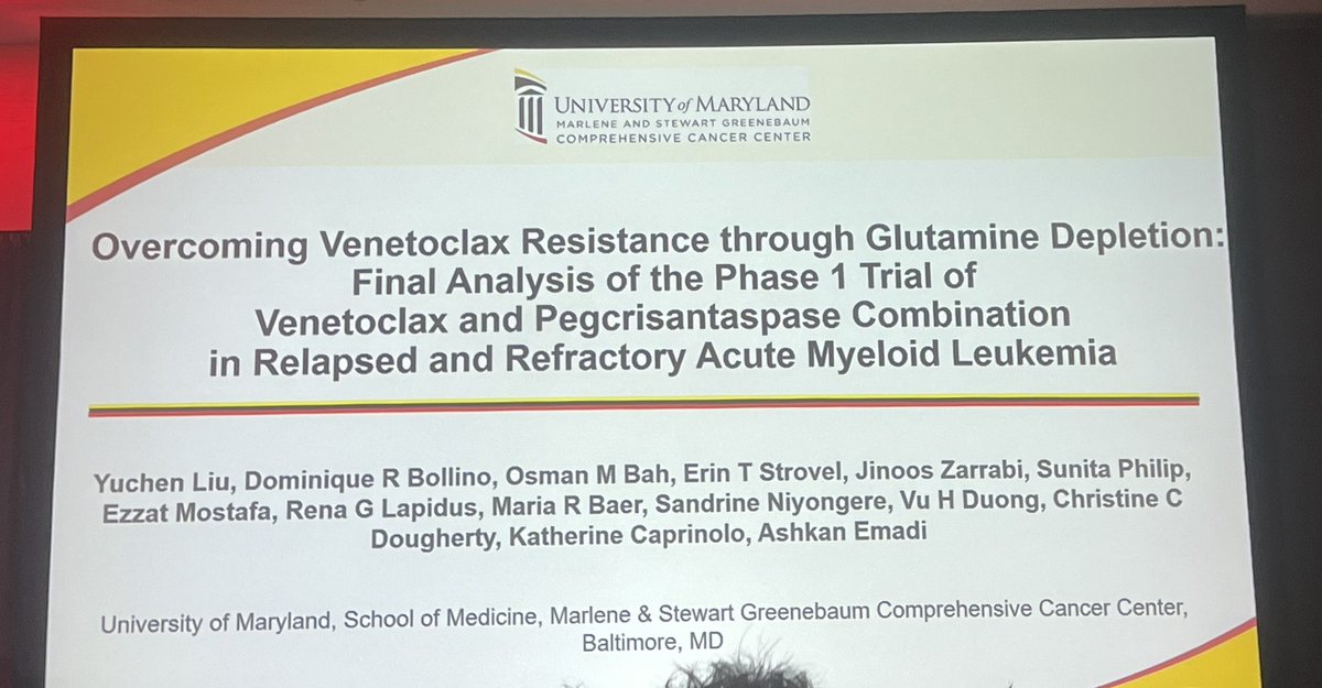 LeukDocJZ's tweet photo. Fantastic presentation by rising star Jake Liu from U of MD reporting on exciting results from a P1 study of Ven + Pegcrisantaspase in R/R AML. Clinical activity in prior Ven and interesting mechanism in RUNX1 mut. 👏👏👏#ASH2023 https://t.co/I5lH7R0Suo