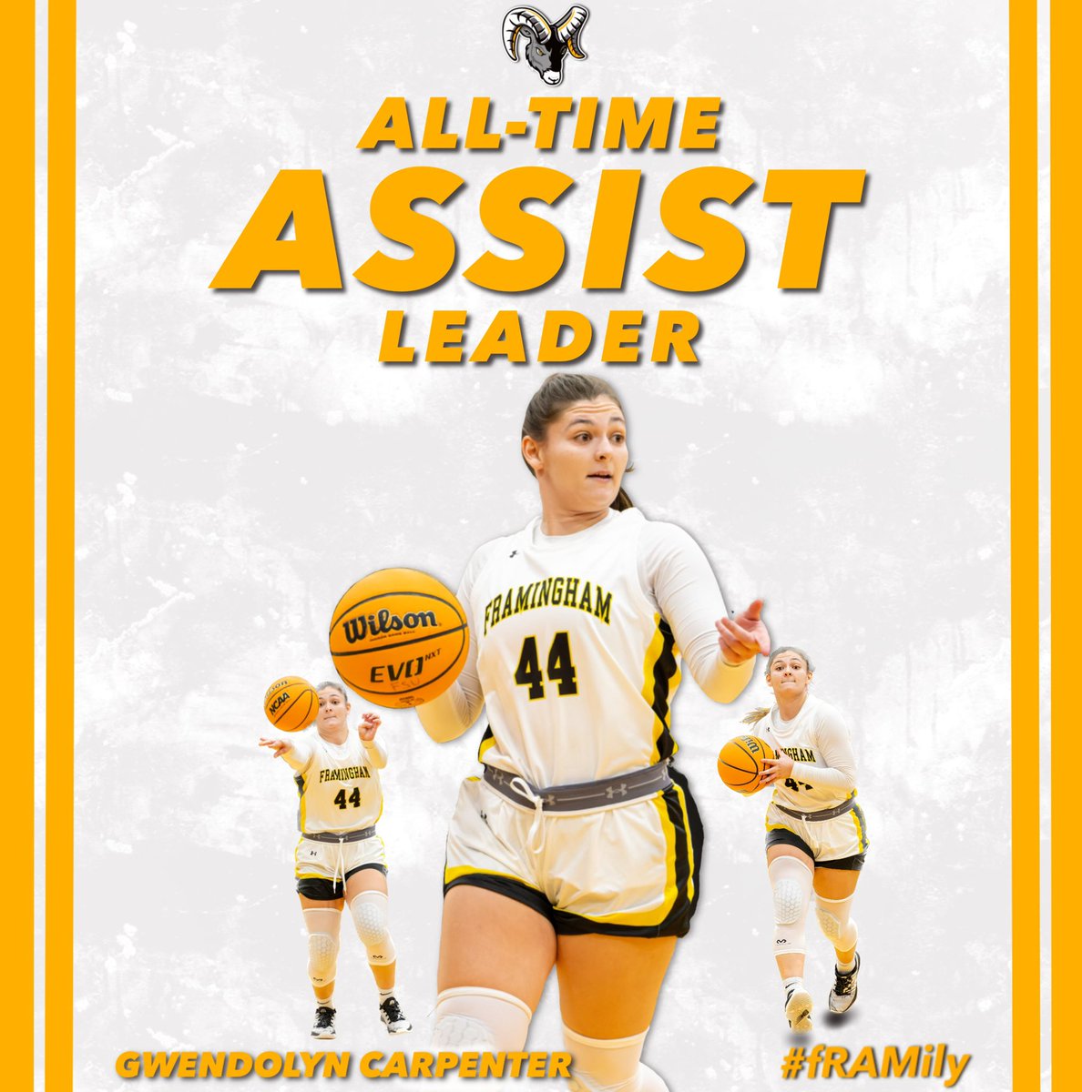‼️Big day for our PG‼️

Congrats to Gwen on becoming the all-time assist leader at Framingham State University! A well deserved accomplishment for a great person and teammate! Keep working hard, Gwen. 466 and counting! #fRAMily🐏🏀