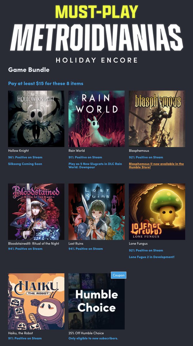 They brought back one of my favorite Humble Bundles of this year, $15 for all these Metroidvanias.  Charity link: humblebundle.com/games/must-pla…