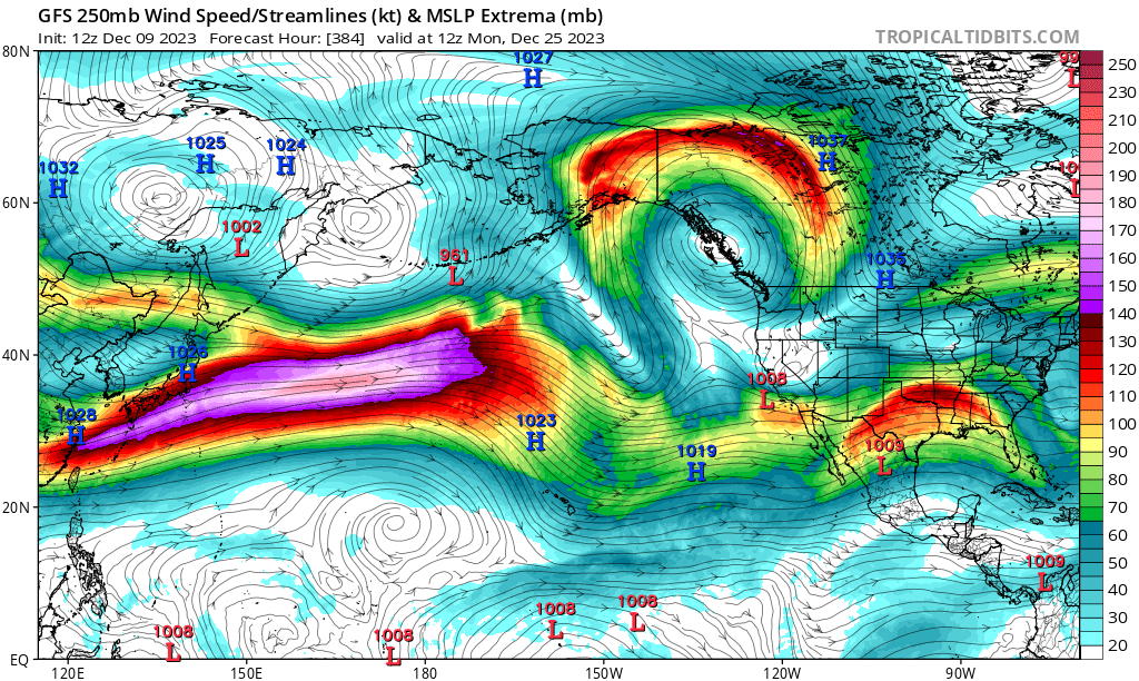 PGE_John's tweet photo. Rea Strange, my mentor, and legendary meteorologist, emphasized, "Pay close attention to the mid-latitude westerlies; when they extend across the Pacific, there's a high likelihood of significant precipitation." Recent runs from the numerical models suggest the possibility of heavy rain and higher-level snow setting in from Dec. 19, possibly persisting into January 2024, pending the validation of these models. On Christmas Day, an aircraft departing from Japan en route to the United States would surpass the speed of sound in actual ground speed. If your roof is prone to leaks, I strongly advise addressing repairs within the upcoming week. The GFS indicates between 2 and 5 inches of rain for much of the Central Coast between Dec. 19 and Christmas.🌬️🌧️❄️ #CAwx @5CitiesFirePIO  @MorroBayFire @SLOCityFire @slocountyoes @CALFIRE_SLO @CaltransD5