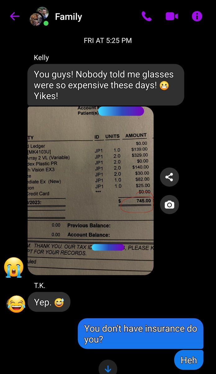 HarbingerODeath's tweet photo. @AndrewRousso My sister just bought her glasses for $745. My brother sent her your glasses skit and she said that was the exact conversation she had with them. https://t.co/AqCEcCBdIB