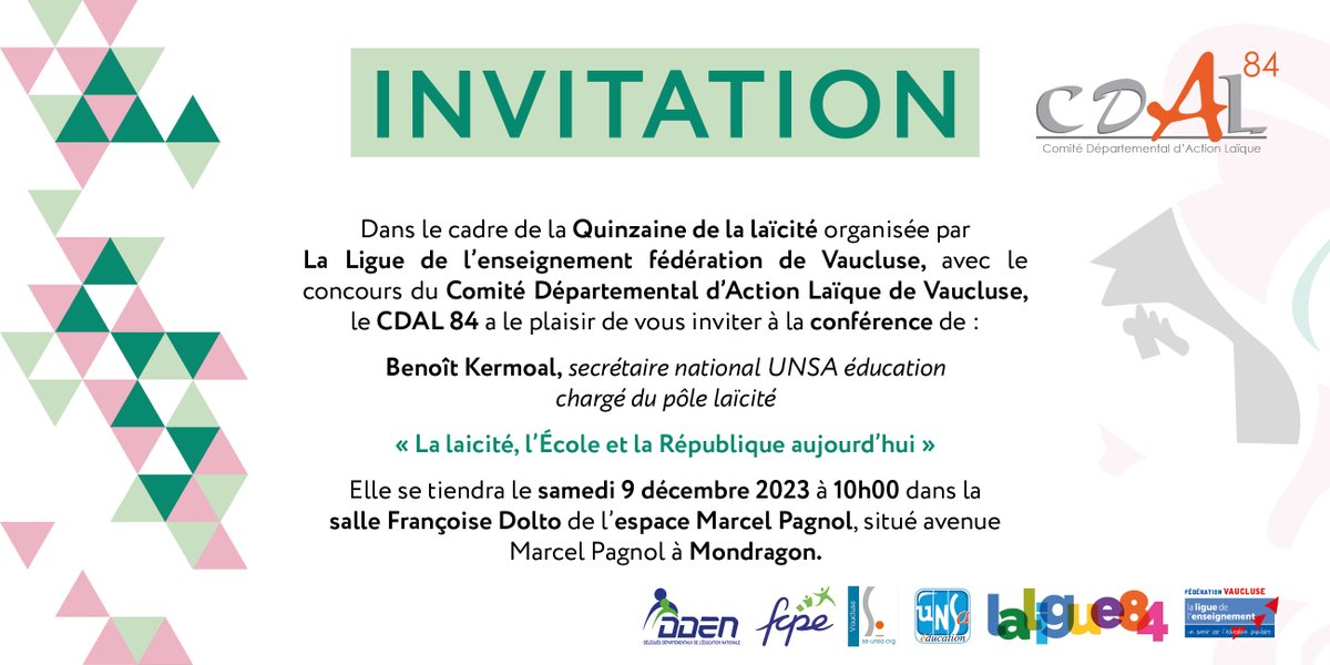 olivierseunsa's tweet photo. [1/2] Fin de la quinzaine de la laïcité par la conférence ce matin de @enklask1 , Secrétaire National de l' @UNSA_Education , en présence de toutes les organisations du C.D.A.L. Vaucluse @LaiciteCnal  ( @weblaligue  84 , DDEN, FCPE, @seunsa84  et UNSA Éducation 84) https://t.co/vSPvFQLZUm
