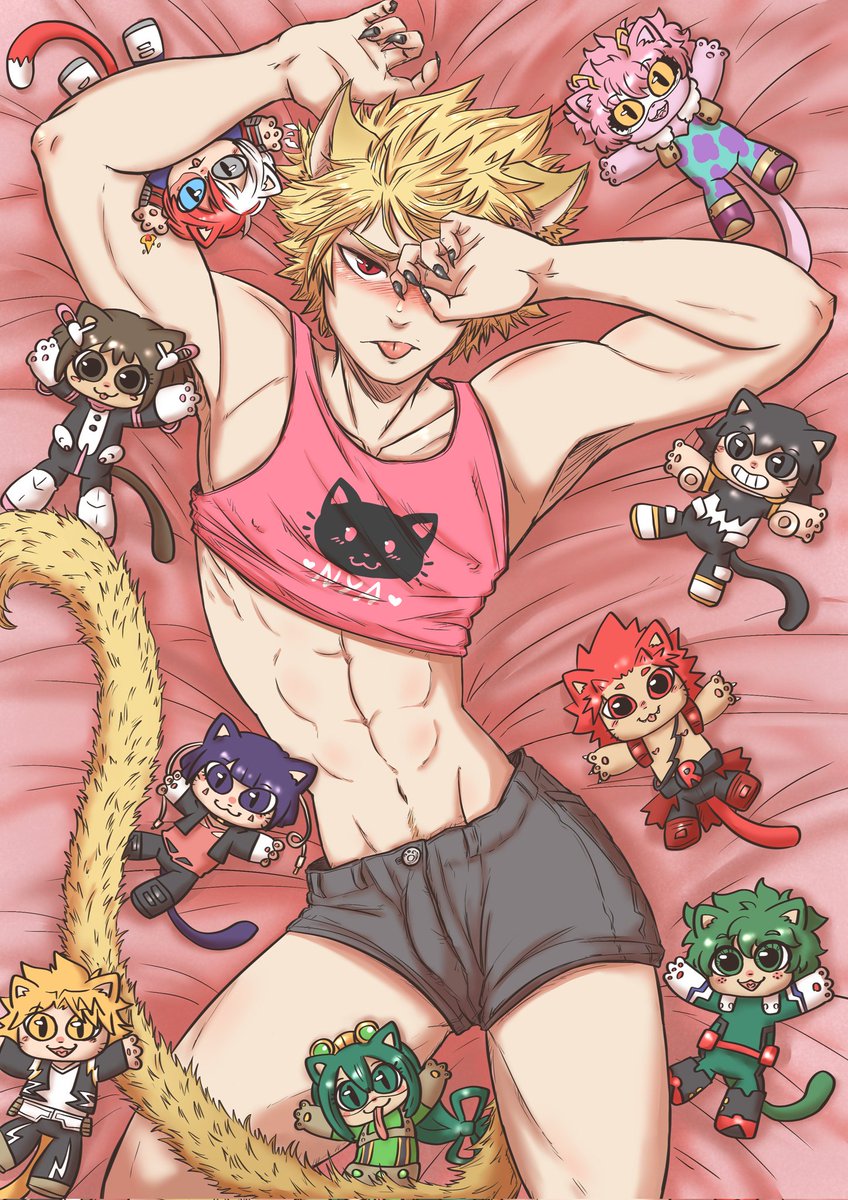 My cover for <a href="/BNHACatHybrid/">My Neko Academinyaan: BNHA Cat Hybrid Zine</a> zine!!! Those are the sfw versions, in thread you can find a spicy alternative with a lot of paws!!! 👀💕