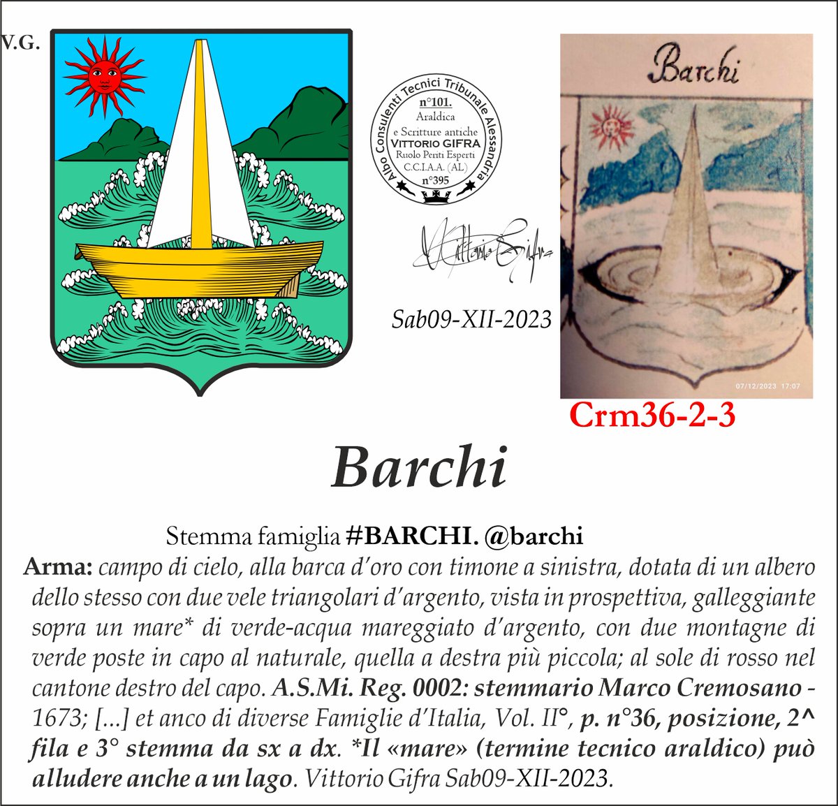 VGIFRA's tweet photo. Stemma famiglia #BARCHI. @barchi
A.S.Mi. Reg. 0002: stemmario Marco Cremosano - 1673; [...] et anco di diverse Famiglie d’Italia, Vol. II°, p. n°36, posizione, 2^ fila e 3° stemma da sx a dx. Vittorio Gifra Sab09-XII-2023. https://t.co/CLJKqIZ2QP