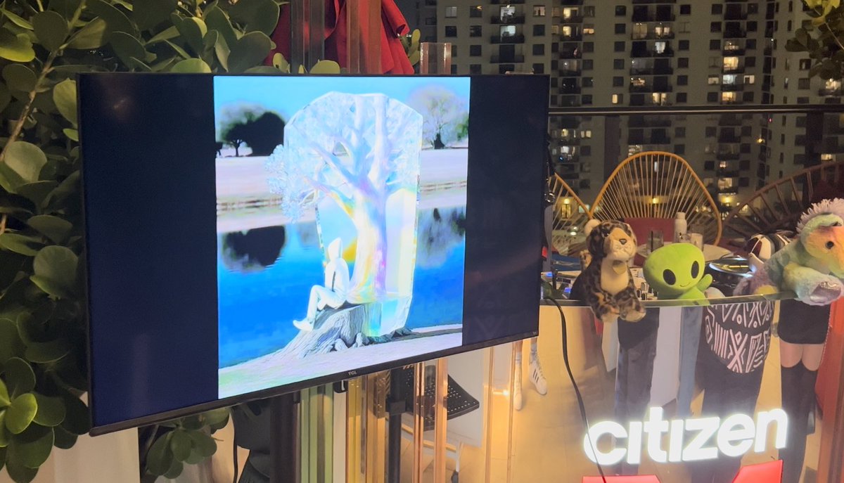 StorytimeDAO's tweet photo. @PilarCote @maxximillian @Tom_Laroc @NatalieCrue @creatressart @Ratsy @sheiladarcey @LiannaAdams @heartwell_art Thank you Pilar and all of the amazing artists who submitted work! 🙌🏾💜🎨 Your beautiful art welcomed all of the attendees at the Basel Sky High event. It was a vibe on a rooftop in Miami. Shoutout @citizenM! https://t.co/lC474Kg3Je