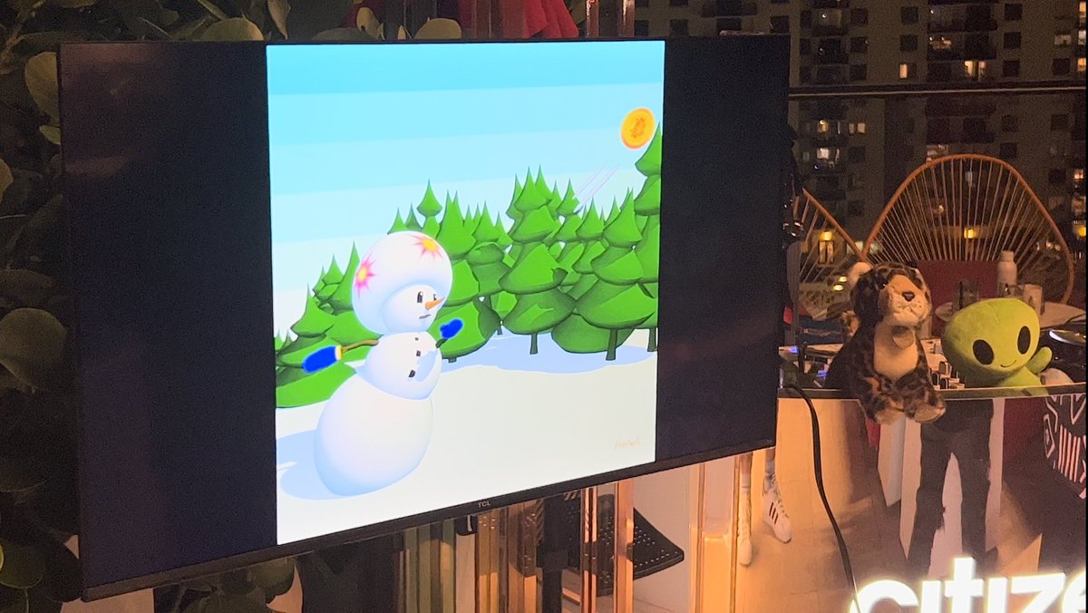 StorytimeDAO's tweet photo. @PilarCote @maxximillian @Tom_Laroc @NatalieCrue @creatressart @Ratsy @sheiladarcey @LiannaAdams @heartwell_art Thank you Pilar and all of the amazing artists who submitted work! 🙌🏾💜🎨 Your beautiful art welcomed all of the attendees at the Basel Sky High event. It was a vibe on a rooftop in Miami. Shoutout @citizenM! https://t.co/lC474Kg3Je