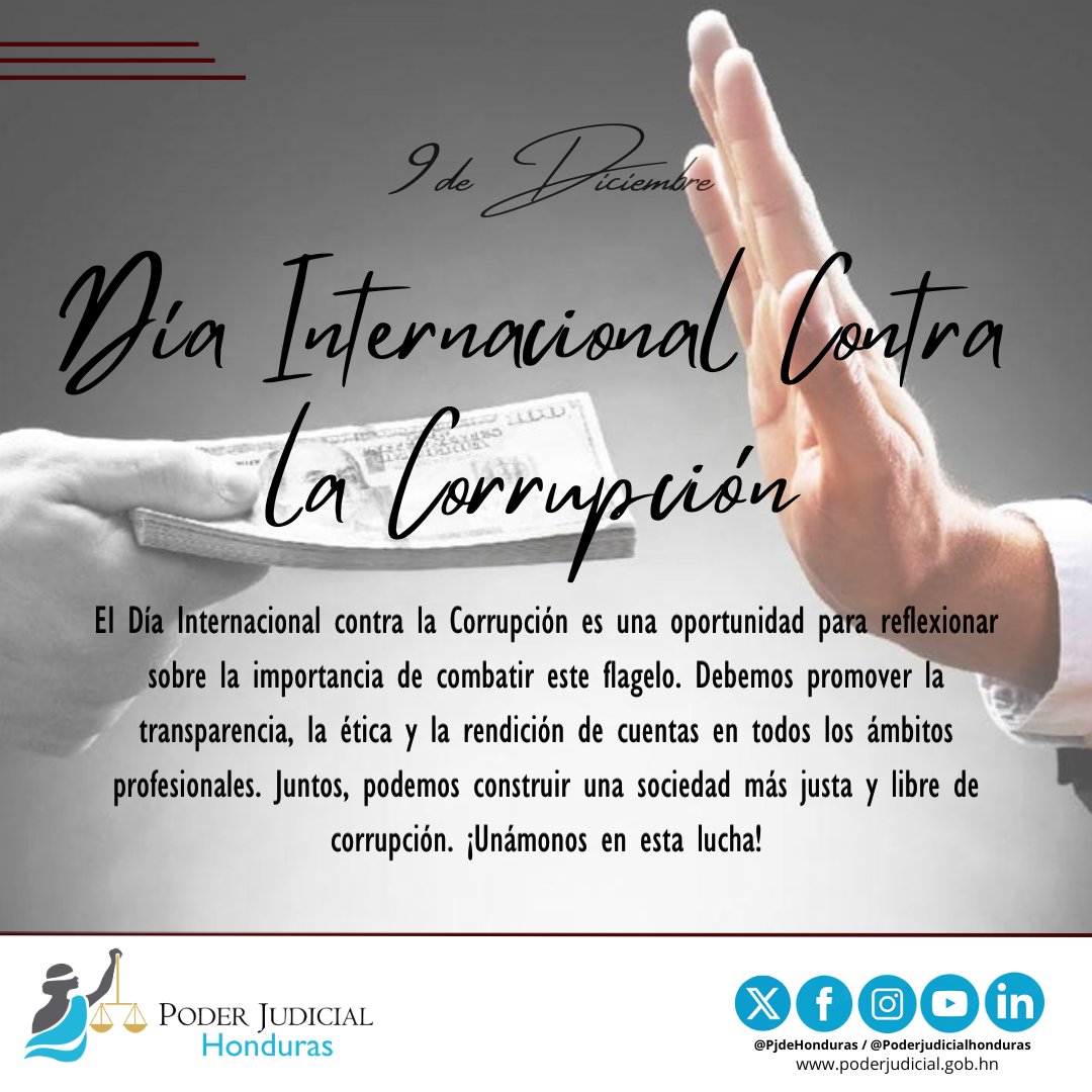 En el Día Internacional Contra la Corrupción, reafirmamos nuestro compromiso en la lucha contra este flagelo. Desde la Presidencia del Poder Judicial, seguiremos trabajando incansablemente para fortalecer la transparencia y la integridad en nuestro sistema de justicia.