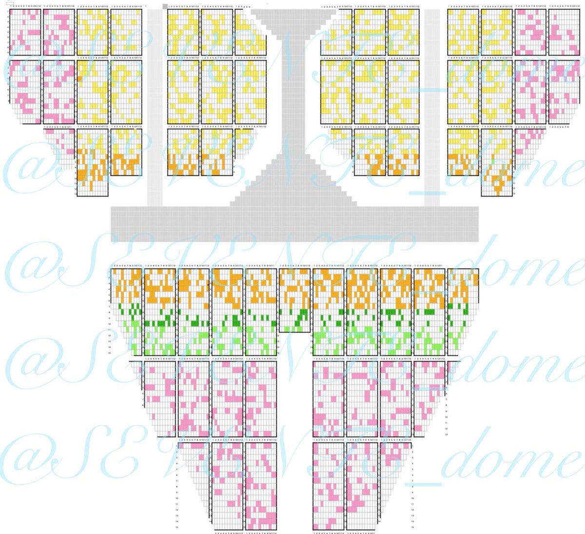 SEVENTE_dome's tweet photo. 1枚目埼玉2枚目福岡のアリーナ席。
この座席表見てもらえると分かると思うんですが今回当落順で考えると最高の配置になっています。
3枚目の通り埼玉と福岡だけプレミアム当選枠の割合が違っていたので埼玉と同じ配置になってもおかしくないのにこうなったのは埼玉での💎の意見が反映された？？とか思ってしまいました。
ステージが高くなっているのもそうやし運営の対応力が迅速で神すぎる。
今後はしっかりステージ周りに1次を配置してくれそうなのでスタジアムも楽しみですね！（最初からしとけとかは言わないで）